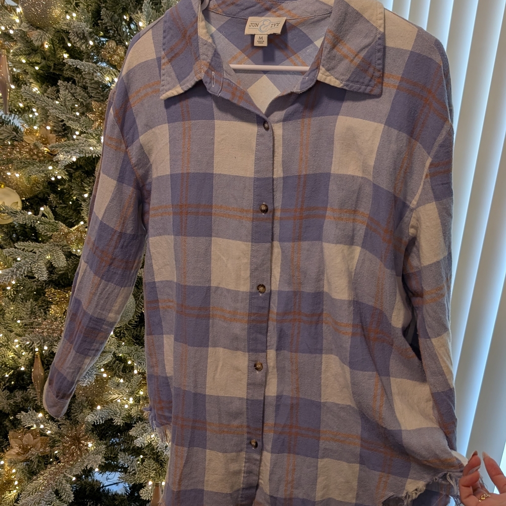 Blue and White Plaid Button Down Shirt W/ Distress Detail On The Bottom